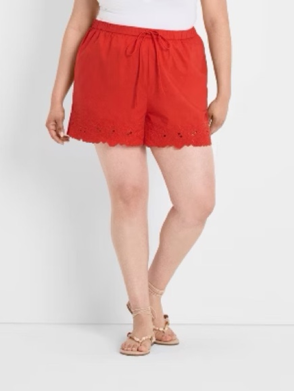 Scalloped Eyelet Pull-On Shorts in Red